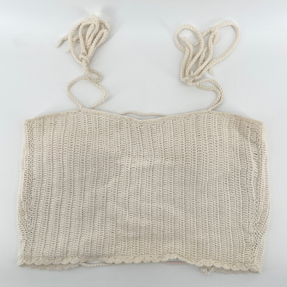 RAD Swim Women Small Cream Crochet Lace Up Bikini Top Off White Boho S094